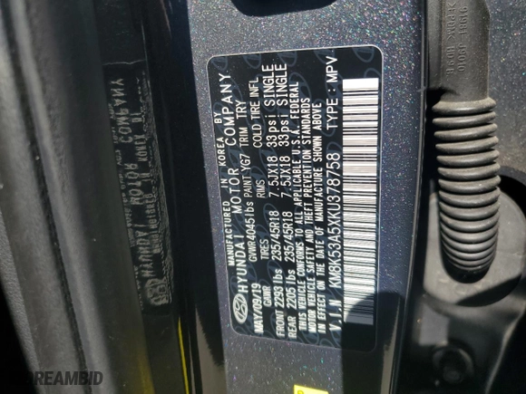 2019 Hyundai Kona Ultimate with VIN KM8K53A5XKU378758, listed as a Copart auction lot 78498494 with 99,999 mi miles and Clean Title. Bid and sale history available at carsss.com. Image 13.
