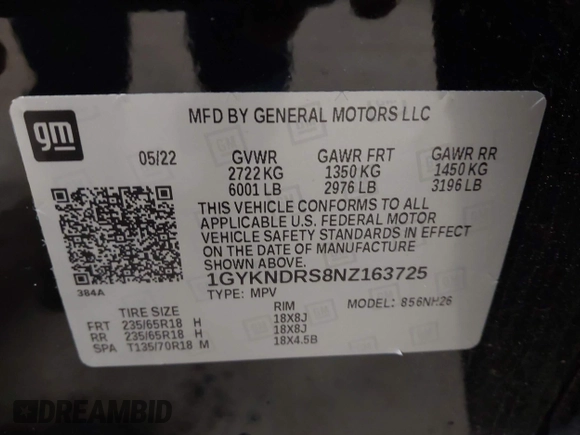 2022 Cadillac XT5 AWD Premium Luxury with VIN 1GYKNDRS8NZ163725, listed as a IAAI auction lot 42295528 with 45,614 mi miles and . Bid and sale history available at DreamBid. Image 9.