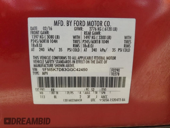 2016 Ford Explorer XLT with VIN 1FM5K7D83GGC42450, listed as a Copart auction lot 52360145 with 153,913 mi miles and Salvage Title. Bid and sale history available at carsss.com. Image 12.