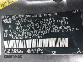 2012 Toyota Sienna SE with VIN 5TDXK3DC5CS264461, listed as a IAAI auction lot 41526874 with 1 mi miles. Bid and sale history available at carsss.com. Image 9.