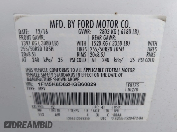 2017 Ford Explorer XLT with VIN 1FM5K8D82HGB60829, listed as a IAAI auction lot 42404369 with 73,258 mi miles and . Bid and sale history available at DreamBid. Image 9.