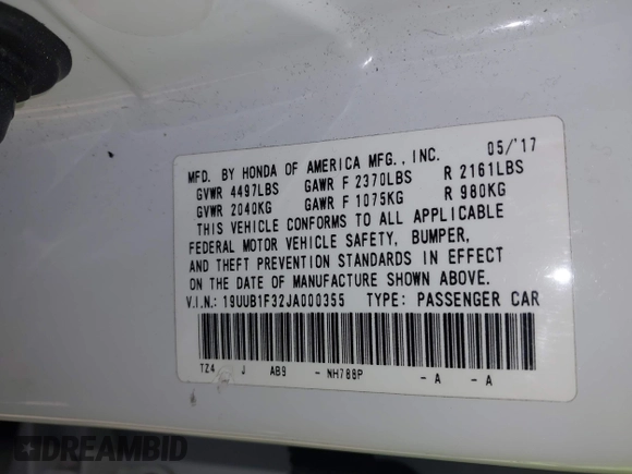 2018 Acura TLX with VIN 19UUB1F32JA000355, listed as a IAAI auction lot 41785280 with 120,023 mi miles and . Bid and sale history available at DreamBid. Image 9.