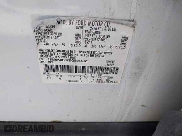 2014 Ford Explorer with VIN 1FM5K8B87EGB96532, listed as a IAAI auction lot 41808085 with 182,083 mi miles and . Bid and sale history available at carsss.com. Image 9.
