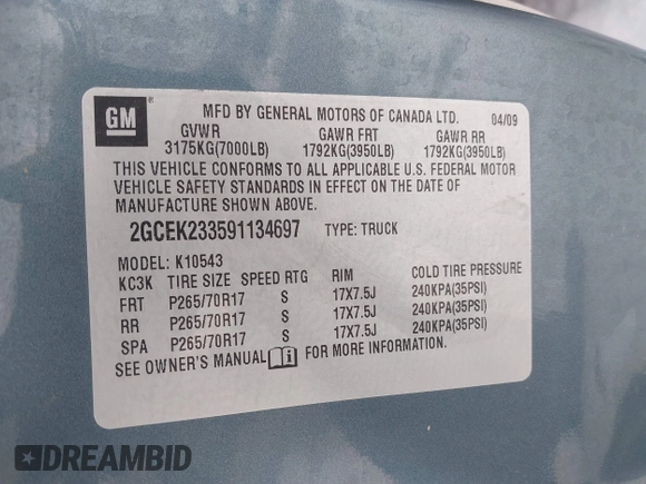 2009 Chevrolet Silverado 1500 LT with VIN 2GCEK233591134697, listed as a IAAI auction lot 41716904 with 211,681 mi miles and . Bid and sale history available at DreamBid. Image 9.