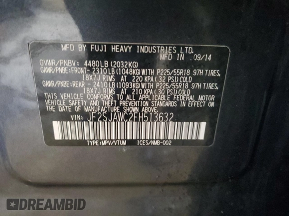 2015 Subaru Forester Touring with VIN JF2SJAWC2FH513632, listed as a Copart auction lot 52518235 with 123,953 mi miles and Non repairable. Bid and sale history available at DreamBid. Image 13.