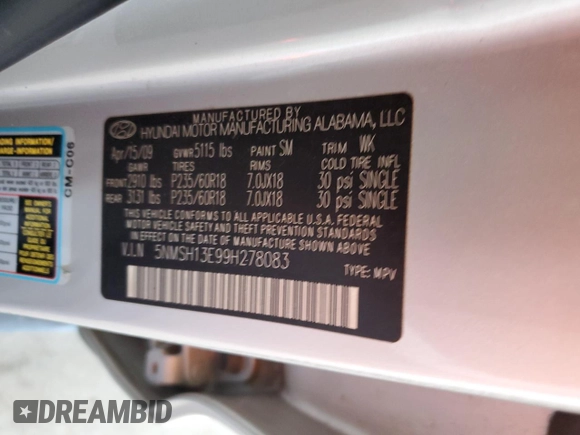 2009 Hyundai Santa Fe Limited with VIN 5NMSH13E99H278083, listed as a Copart auction lot 54661195 with 177,985 mi miles and Salvage title. Bid and sale history available at DreamBid. Image 14.