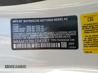 2020 BMW 8 Series 840i with VIN WBAAE2C08LCD42067, listed as a Copart auction lot 71272633 with 30,836 mi miles and Salvage Title. Bid and sale history available at carsss.com. Image 12.