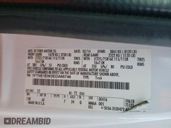 2014 Ford Econoline Cargo Commercial with VIN 1FTNE1EW3EDA66746, listed as a Copart auction lot 56550355 with 176,493 mi miles and Salvage title. Bid and sale history available at DreamBid. Image 13.