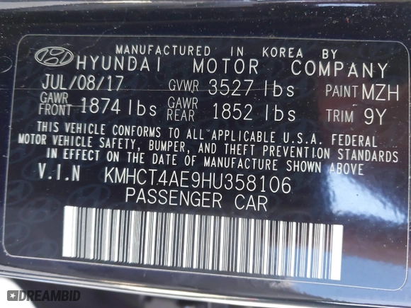 2017 Hyundai Accent SE with VIN KMHCT4AE9HU358106, listed as a IAAI auction lot 41693466 with 97,879 mi miles. Bid and sale history available at carsss.com. Image 9.