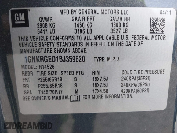 2011 Chevrolet Traverse 1LT z VIN 1GNKRGED1BJ359820, wystawiony jako IAAI lot #42095000 z przebiegiem 80 117 mil mil oraz . Historia ofert i sprzedaży dostępna na DreamBid. Obrazek 9.