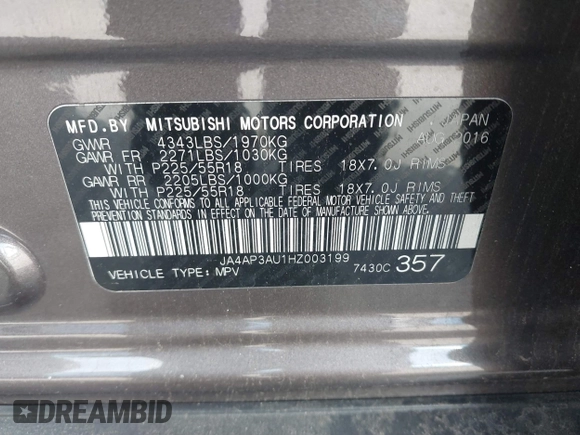 2017 Mitsubishi Outlander Sport ES 2.0 with VIN JA4AP3AU1HZ003199, listed as a IAAI auction lot 41752146 with 79,569 mi miles. Bid and sale history available at carsss.com. Image 9.