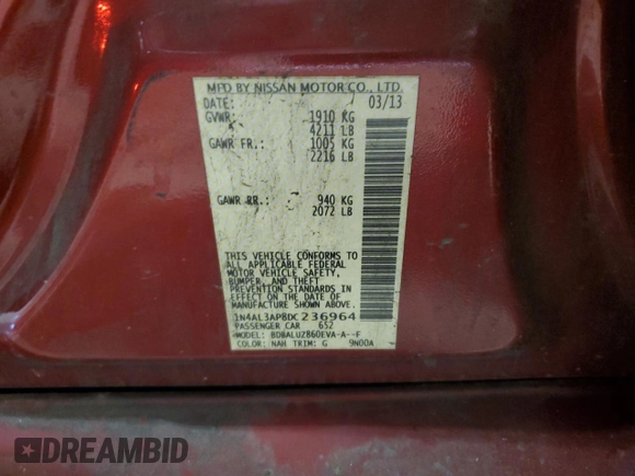 2013 Nissan Altima SL with VIN 1N4AL3AP8DC236964, listed as a Copart auction lot 64735345 with 206,497 mi miles and Salvage title. Bid and sale history available at DreamBid. Image 12.