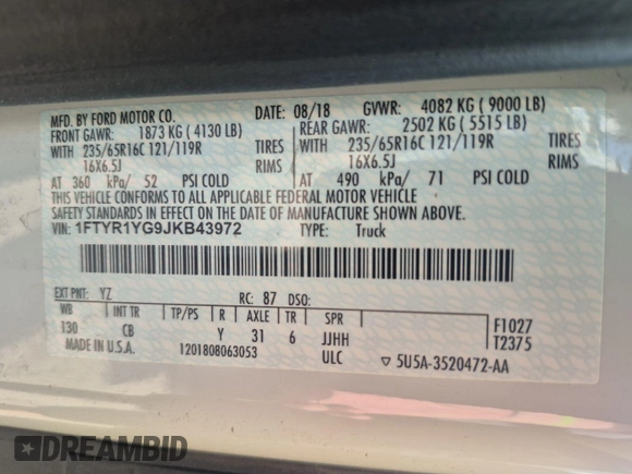 2018 Ford Transit with VIN 1FTYR1YG9JKB43972, listed as a IAAI auction lot 42726896 with 31,414 mi miles and . Bid and sale history available at DreamBid. Image 15.