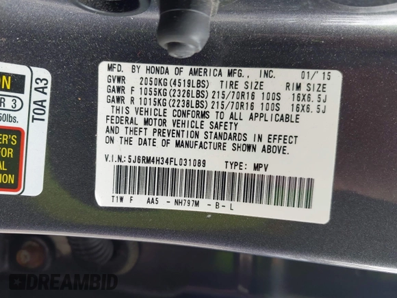 2015 Honda CR-V LX with VIN 5J6RM4H34FL031089, listed as a IAAI auction lot 42123159 with 74,566 mi miles and . Bid and sale history available at DreamBid. Image 9.