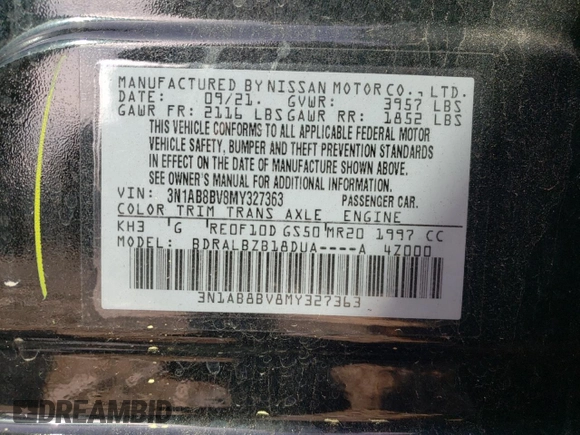 2021 Nissan Sentra S with VIN 3N1AB8BV8MY327363, listed as a Copart auction lot 50089085 with 56,791 mi miles and Salvage Title. Bid and sale history available at DreamBid. Image 13.