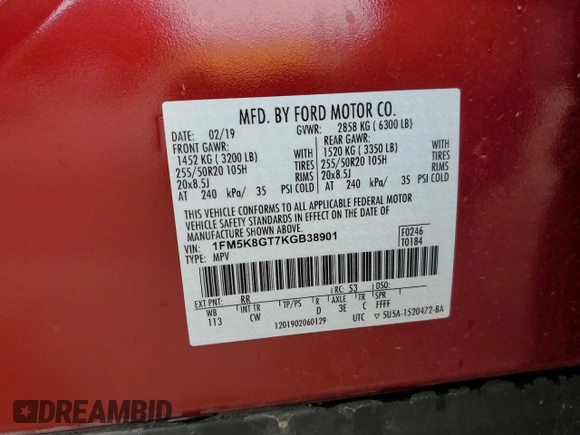 2019 Ford Explorer Sport with VIN 1FM5K8GT7KGB38901, listed as a Copart auction lot 57345485 with 77,906 mi miles and Salvage title. Bid and sale history available at DreamBid. Image 14.