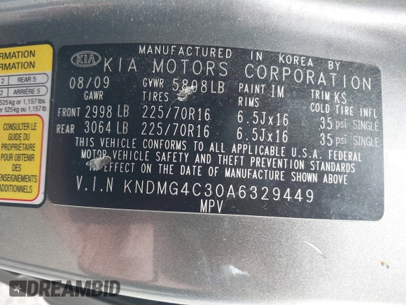2010 Kia Sedona LX with VIN KNDMG4C30A6329449, listed as a IAAI auction lot 41946489 with 202,881 mi miles. Bid and sale history available at carsss.com. Image 9.