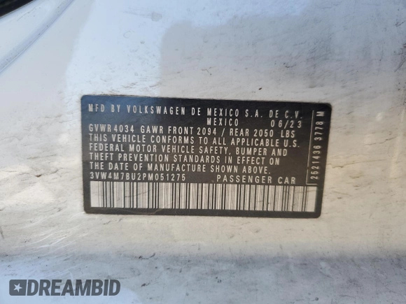 2023 Volkswagen Jetta S with VIN 3VW4M7BU2PM051275, listed as a Copart auction lot 85768704 with 27,626 mi miles and Salvage title. Bid and sale history available at DreamBid. Image 12.