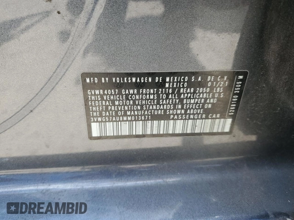 2021 Volkswagen Golf TSI с VIN 3VWG57AU8MM013671, выставлен на аукционе Copart как лот 61661164 с пробегом 37 250 миль миль и Списание • Salvage title. История ставок и продаж доступна на DreamBid. Изображение 12.