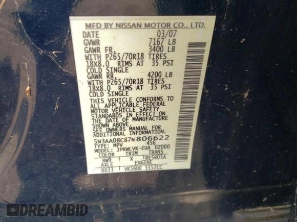 2007 Infiniti QX56 z VIN 5N3AA08C87N806622, wystawiony jako Copart lot #57411845 z przebiegiem 218 557 mil mil oraz Czysty tytuł • Clean title. Historia ofert i sprzedaży dostępna na DreamBid. Obrazek 13.