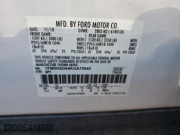 2019 Ford Explorer XLT z VIN 1FM5K8D84KGA75045, wystawiony jako Copart lot #55790495 z przebiegiem Nie podano mil oraz Szkoda całkowita • Salvage title. Historia ofert i sprzedaży dostępna na DreamBid. Obrazek 13.