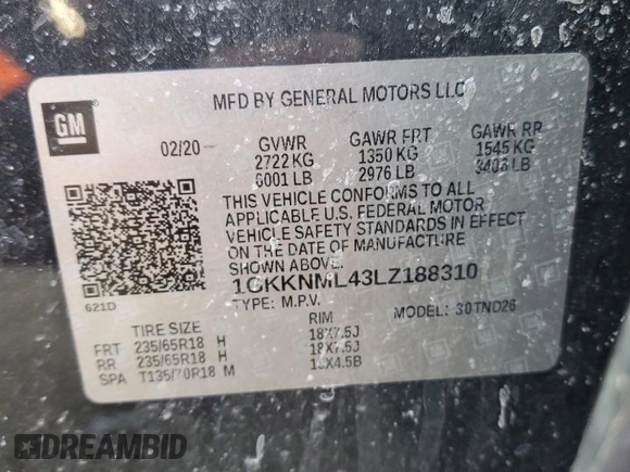 2020 GMC Acadia SLT with VIN 1GKKNML43LZ188310, listed as a Copart auction lot 46522875 with 105,111 mi miles and Salvage Title. Bid and sale history available at DreamBid. Image 13.