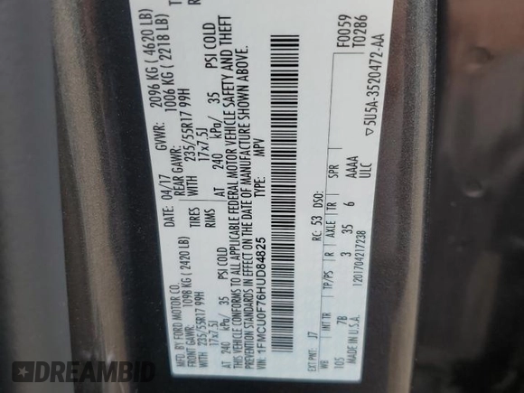 2017 Ford Escape S z VIN 1FMCU0F76HUD84825, wystawiony jako Copart lot #42800185 z przebiegiem 59 447 mil mil oraz Szkoda całkowita • Salvage title. Historia ofert i sprzedaży dostępna na DreamBid. Obrazek 13.