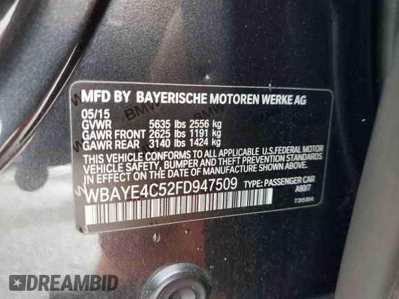 2015 BMW 7 Series 740Li with VIN WBAYE4C52FD947509, listed as a Copart auction lot 49269705 with 80,111 mi miles and Salvage Title. Bid and sale history available at DreamBid. Image 14.