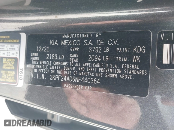 2022 Kia Forte LXS z VIN 3KPF24AD6NE440364, wystawiony jako IAAI lot #41581237 z przebiegiem 52 553 mil mil oraz . Historia ofert i sprzedaży dostępna na DreamBid. Obrazek 9.