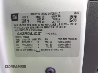 2011 GMC Acadia SLT1 with VIN 1GKKRRED0BJ172027, listed as a IAAI auction lot 42091150 with 170,436 mi miles and . Bid and sale history available at DreamBid. Image 9.