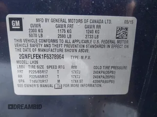 2015 Chevrolet Equinox LT z VIN 2GNFLFEK1F6378964, wystawiony jako IAAI lot #42263611 z przebiegiem 99 500 mil mil oraz . Historia ofert i sprzedaży dostępna na DreamBid. Obrazek 9.