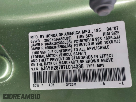 2007 Honda Element EX with VIN 5J6YH28787L014336, listed as a IAAI auction lot 42041135 with 128,847 mi miles and . Bid and sale history available at DreamBid. Image 9.