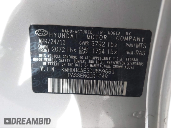 2013 Hyundai Elantra GLS с VIN KMHDH4AE5DU859669, выставлен на аукционе IAAI как лот 41980311 с пробегом 121 595 миль миль и . История ставок и продаж доступна на DreamBid. Изображение 9.