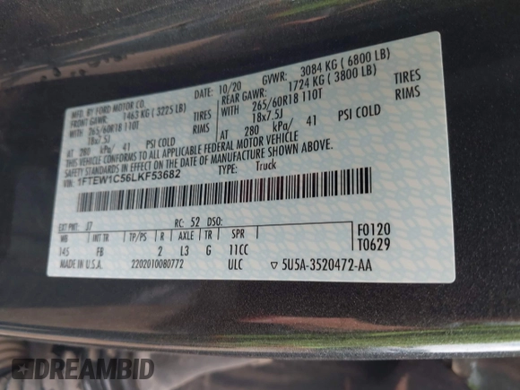 2020 Ford F-150 XL with VIN 1FTEW1C56LKF53682, listed as a IAAI auction lot 42364347 with 54,909 mi miles and . Bid and sale history available at DreamBid. Image 9.
