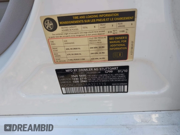 2010 Mercedes-Benz S 550 with VIN WDDNG7BB3AA321119, listed as a IAAI auction lot 42000294 with 92,857 mi miles and . Bid and sale history available at DreamBid. Image 9.