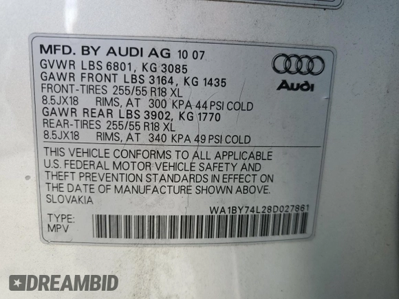 2008 Audi Q7 Premium with VIN WA1BY74L28D027861, listed as a Copart auction lot 51794535 with 181,037 mi miles and Salvage title. Bid and sale history available at DreamBid. Image 13.
