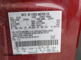 2006 Ford F-150 XLT with VIN 1FTPW14V16FB14717, listed as a IAAI auction lot 42195403 with 141,401 mi miles and . Bid and sale history available at carsss.com. Image 9.