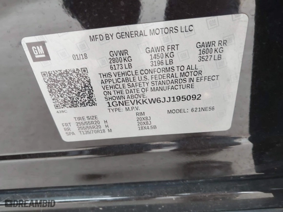 2018 Chevrolet Traverse High Country with VIN 1GNEVKKW6JJ195092, listed as a IAAI auction lot 41650118 with 92,021 mi miles. Bid and sale history available at carsss.com. Image 9.