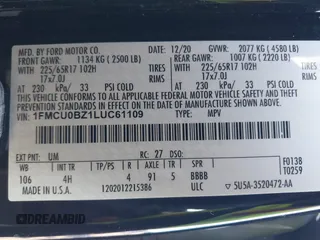 2020 Ford Escape SE Sport Hybrid with VIN 1FMCU0BZ1LUC61109, listed as a IAAI auction lot 41407511 with 135,353 mi miles and . Bid and sale history available at carsss.com. Image 9.