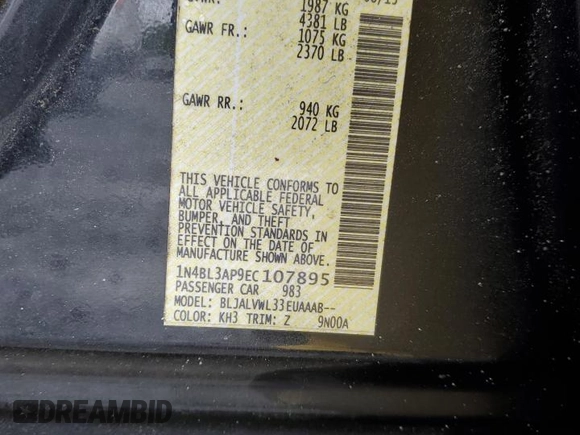 2014 Nissan Altima SL with VIN 1N4BL3AP9EC107895, listed as a Copart auction lot 58155355 with Not provided miles and Salvage title. Bid and sale history available at DreamBid. Image 12.
