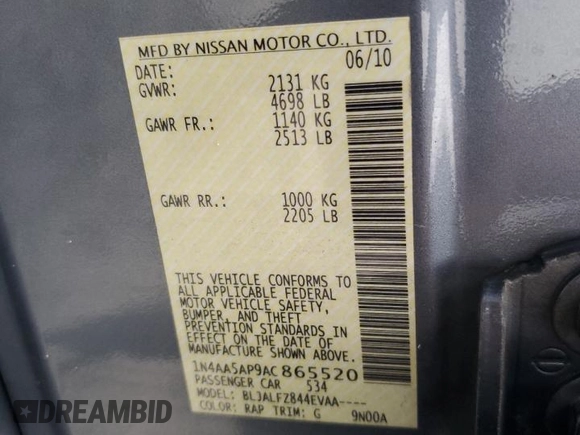 2010 Nissan Maxima SV with VIN 1N4AA5AP9AC865520, listed as a Copart auction lot 61299105 with 173,260 mi miles and Clean title. Bid and sale history available at DreamBid. Image 12.
