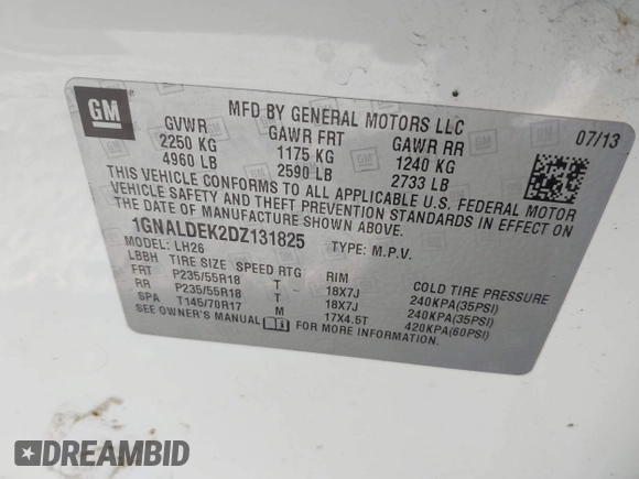 2013 Chevrolet Equinox LT with VIN 1GNALDEK2DZ131825, listed as a IAAI auction lot 42108111 with 142,696 mi miles. Bid and sale history available at carsss.com. Image 9.