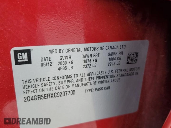 2012 Buick Regal with VIN 2G4GR5ERXC9207705, listed as a Copart auction lot 83295654 with 122,289 mi miles and Salvage Title. Bid and sale history available at carsss.com. Image 12.