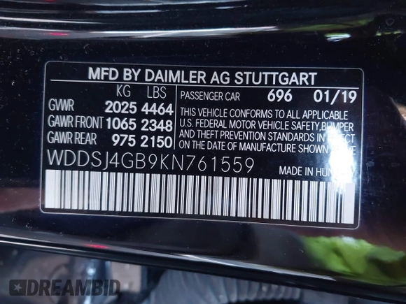 2019 Mercedes-Benz CLA 250 with VIN WDDSJ4GB9KN761559, listed as a IAAI auction lot 41391933 with 70,458 mi miles and . Bid and sale history available at DreamBid. Image 9.