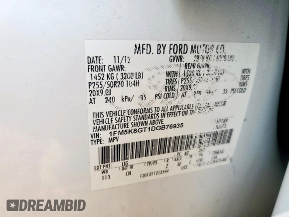 2013 Ford Explorer Sport with VIN 1FM5K8GT1DGB76935, listed as a Copart auction lot 57262655 with 162,325 mi miles and Salvage title. Bid and sale history available at DreamBid. Image 13.