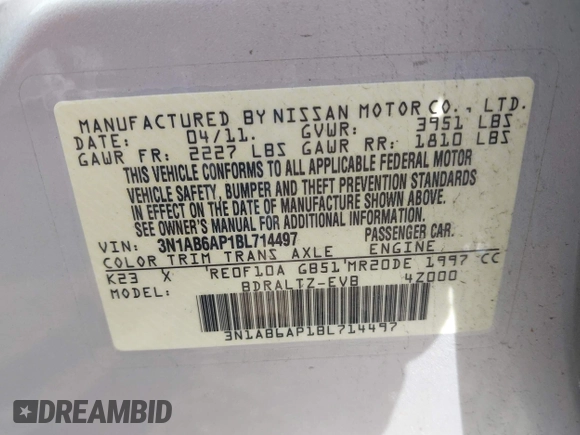 2011 Nissan Sentra 2.0 with VIN 3N1AB6AP1BL714497, listed as a IAAI auction lot 41944915 with 140,082 mi miles and . Bid and sale history available at DreamBid. Image 9.