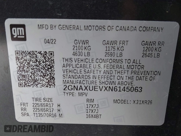 2022 Chevrolet Equinox LT z VIN 2GNAXUEVXN6145063, wystawiony jako IAAI lot #42062135 z przebiegiem 51 176 mil mil oraz . Historia ofert i sprzedaży dostępna na DreamBid. Obrazek 9.