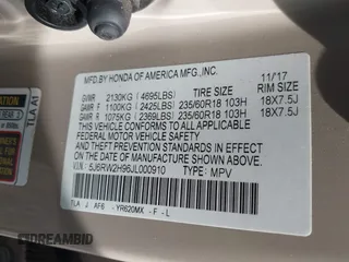 2018 Honda CR-V Touring with VIN 5J6RW2H96JL000910, listed as a IAAI auction lot 42490580 with 201,534 mi miles and . Bid and sale history available at DreamBid. Image 9.