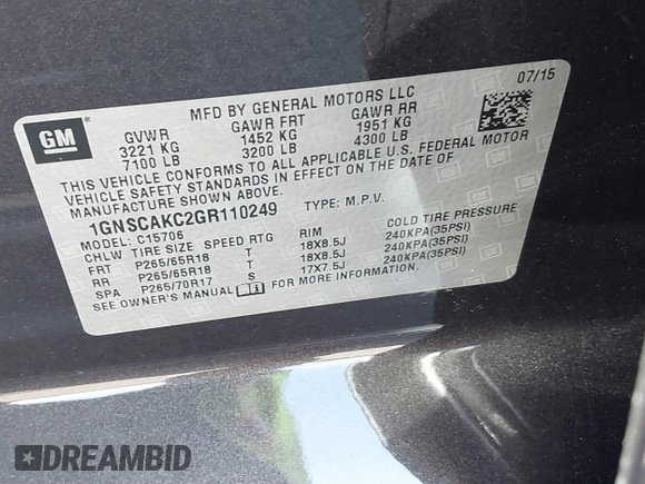 2016 Chevrolet Tahoe LS with VIN 1GNSCAKC2GR110249, listed as a IAAI auction lot 41583619 with 65,542 mi miles and . Bid and sale history available at DreamBid. Image 9.