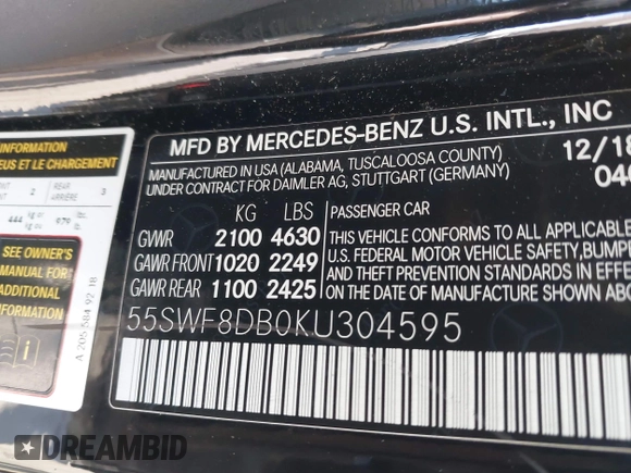 2019 Mercedes-Benz C 300 with VIN 55SWF8DB0KU304595, listed as a IAAI auction lot 42004166 with 55,580 mi miles and . Bid and sale history available at DreamBid. Image 9.